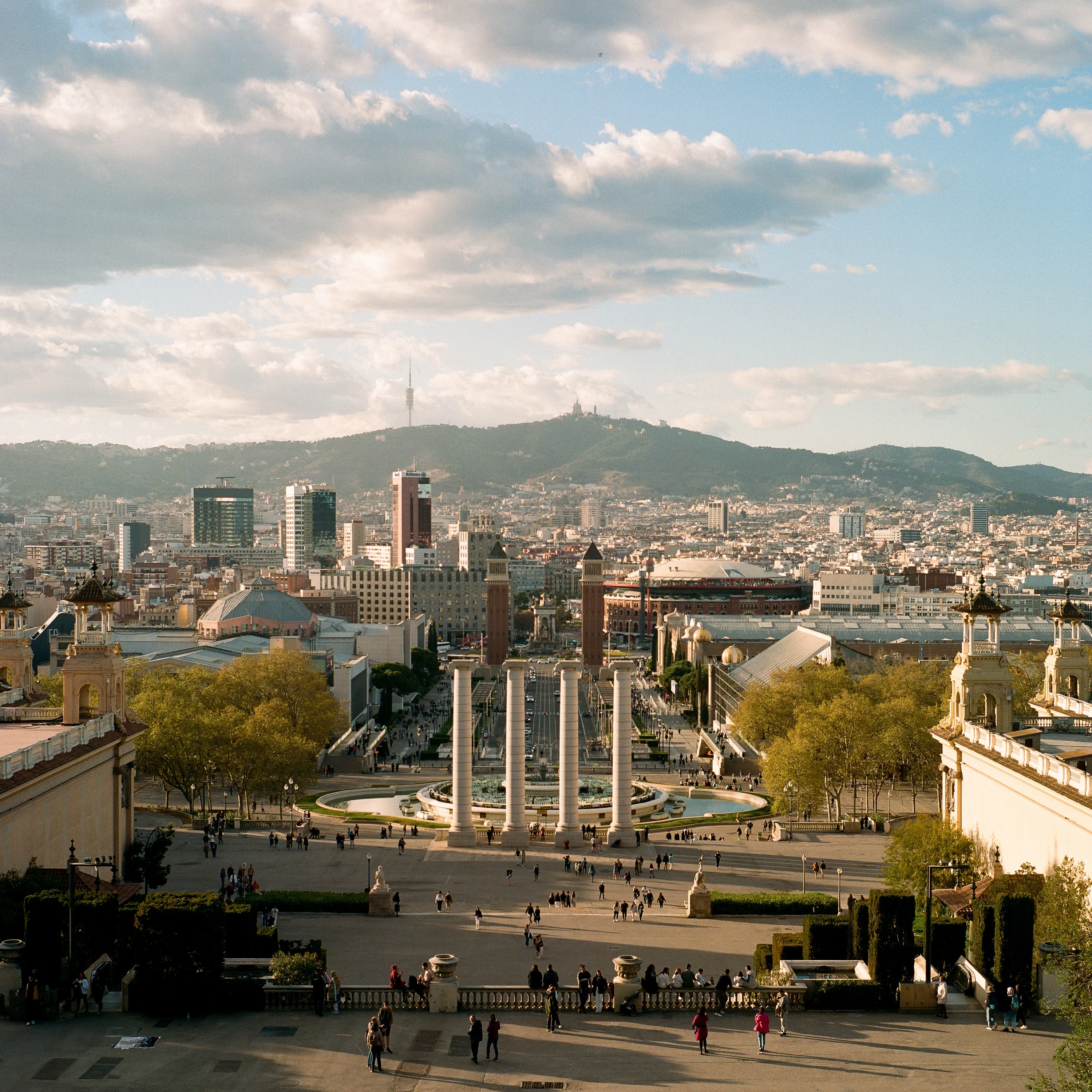 Looking down from Montjuïc over Plaça d'Espanya and Barcelona to the hills
