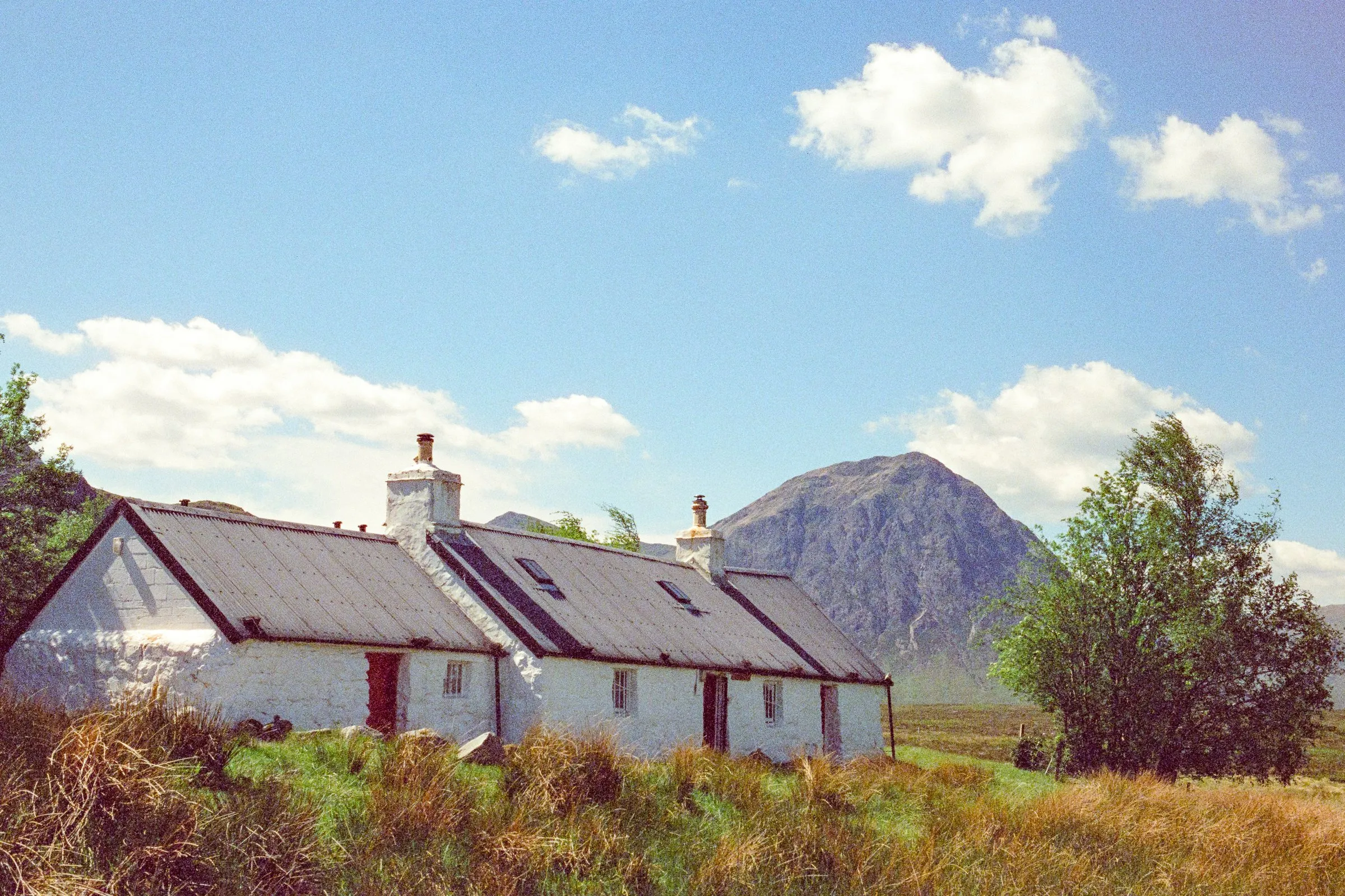 A white cottage in the grass with a mountain behind
