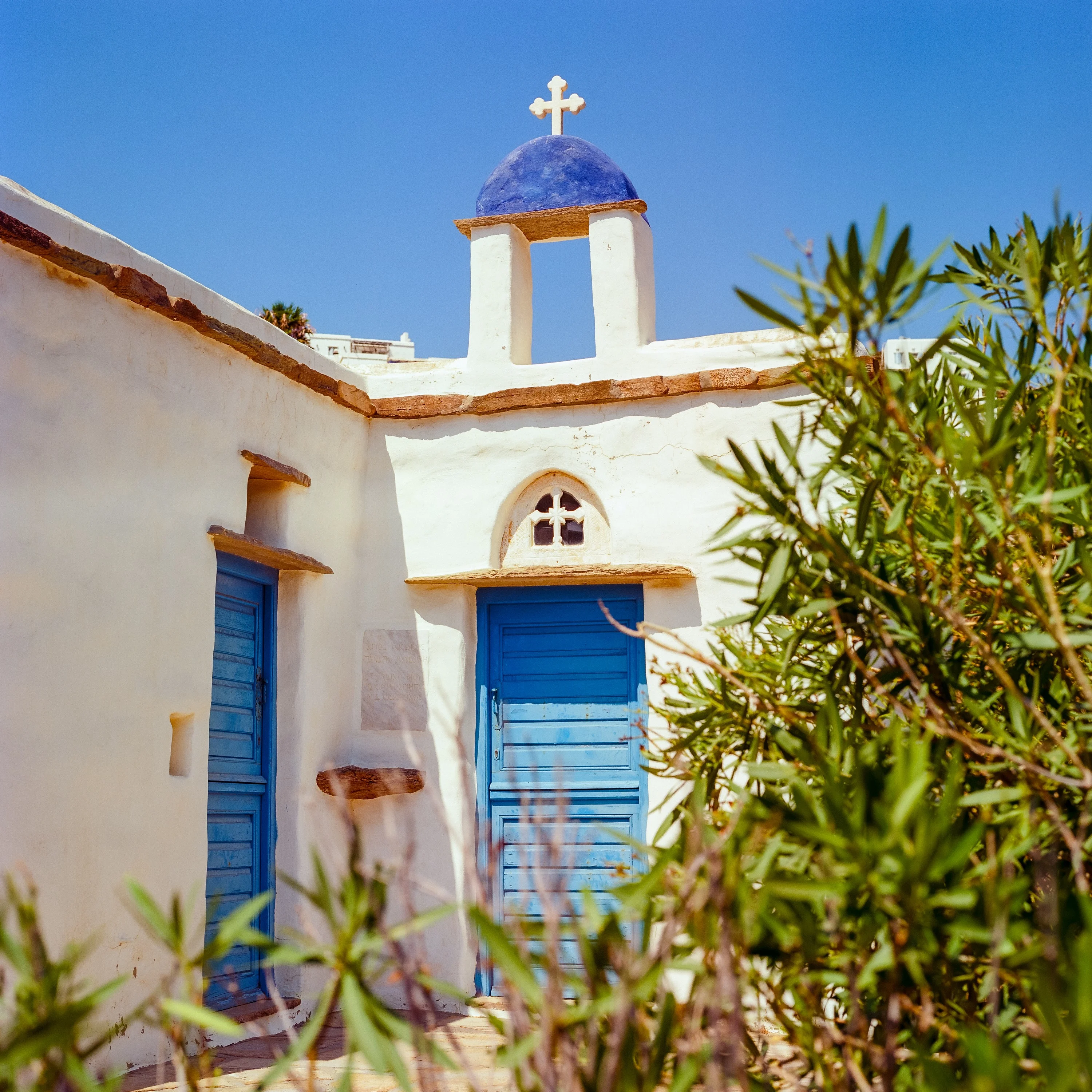 A whitewashed chapel with a blue dome and blue doors behind green shrubs