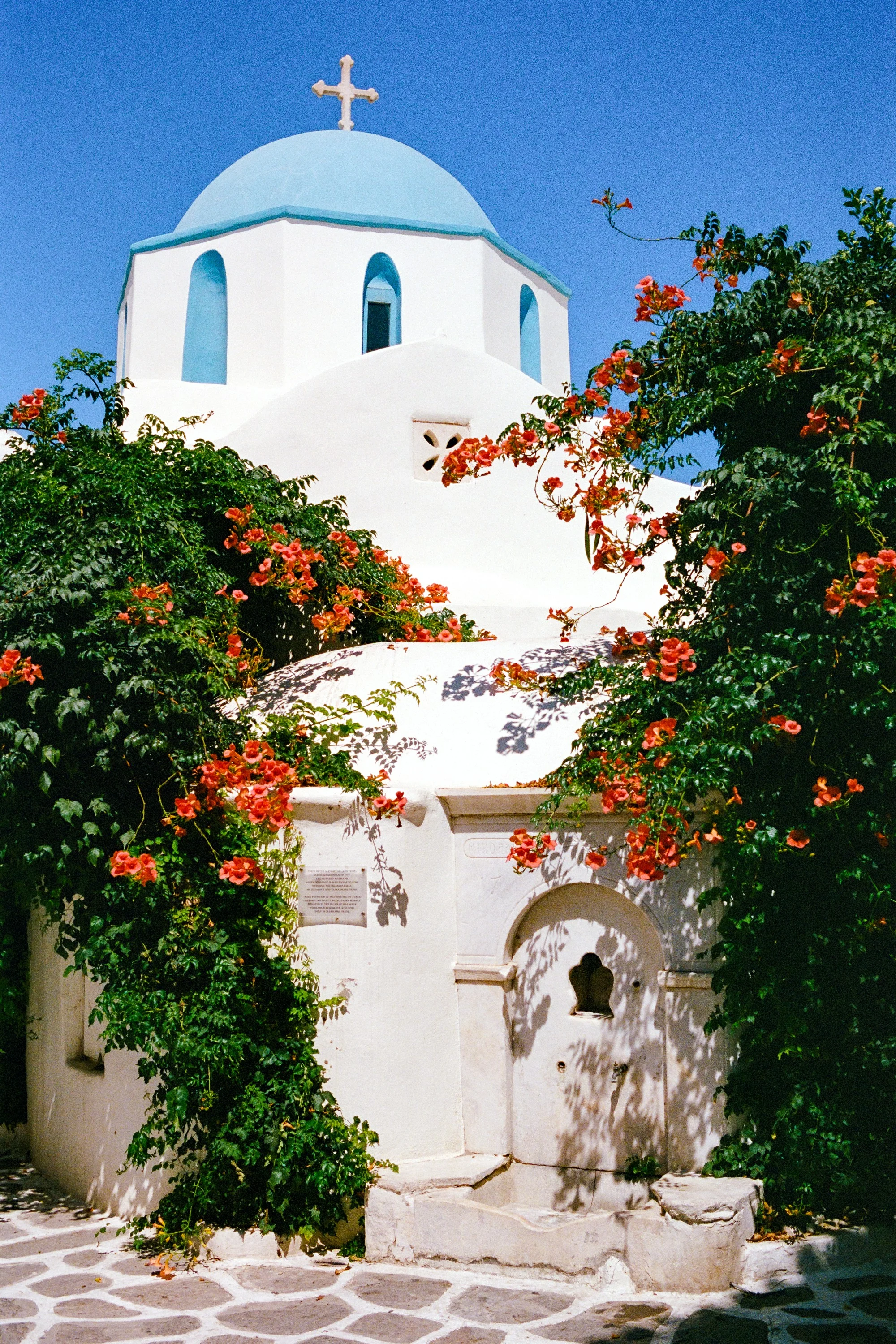 A small white chapel with a pale blue dome framed by red flowering vines