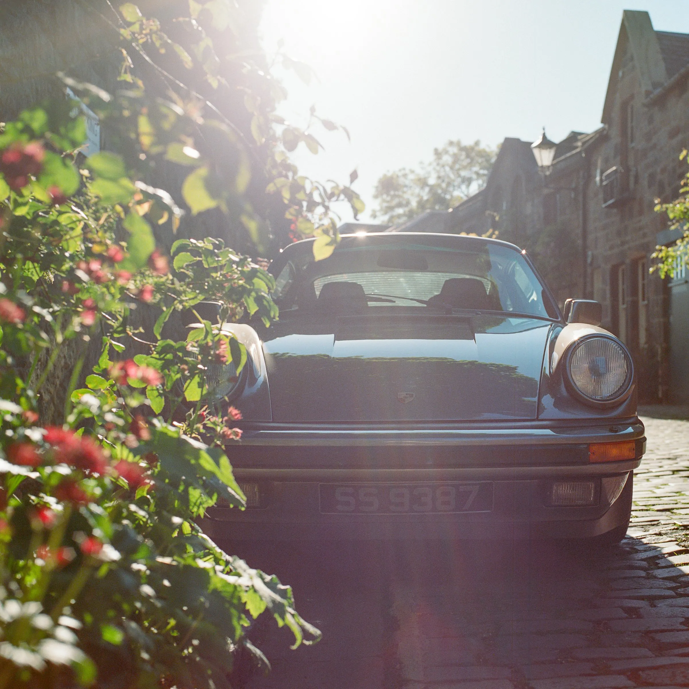A classic Porsche on cobbles, seen through roses in Circus Lane