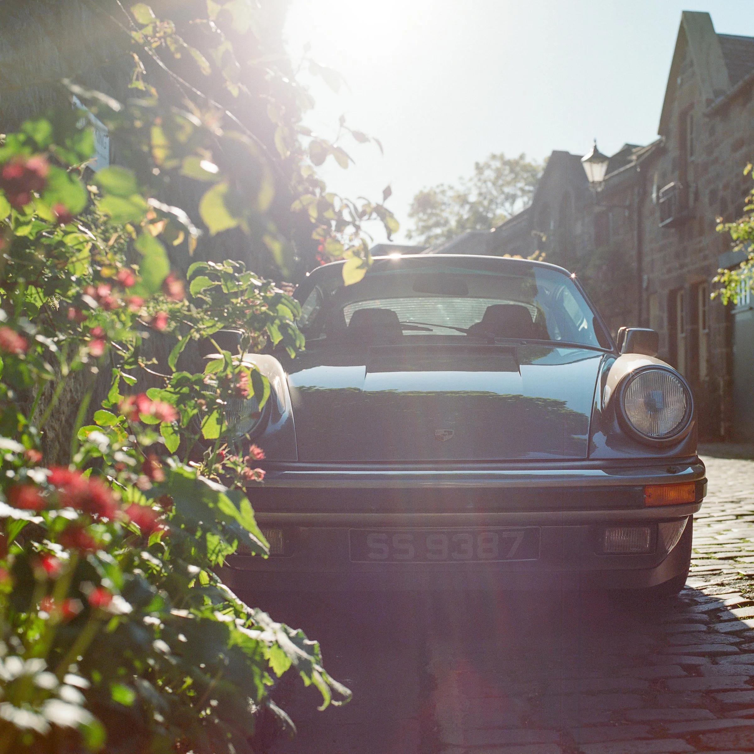 A classic Porsche on cobbles, seen through roses in Circus Lane