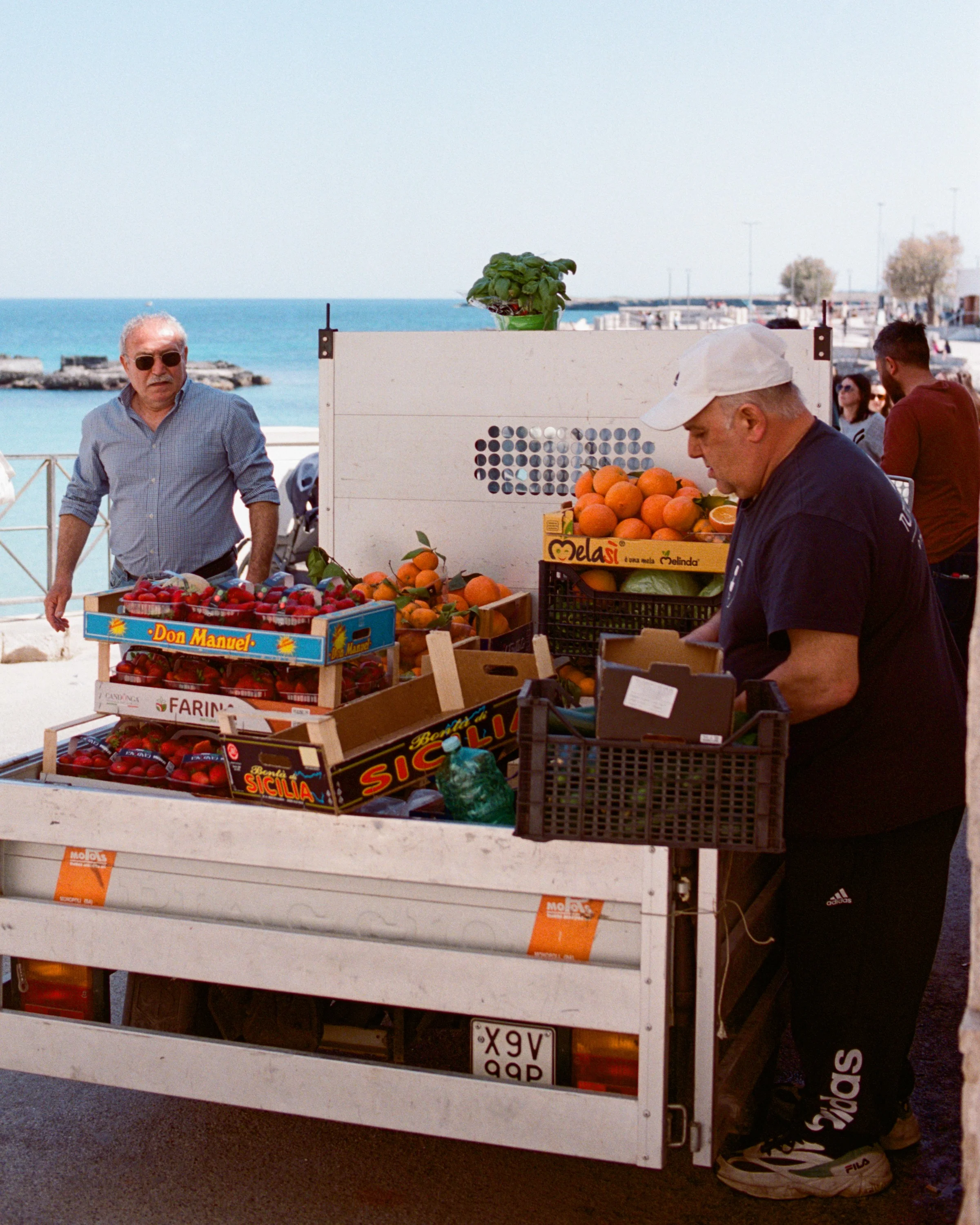 Two men selling oranges and vegetables from the back of a van by the sea