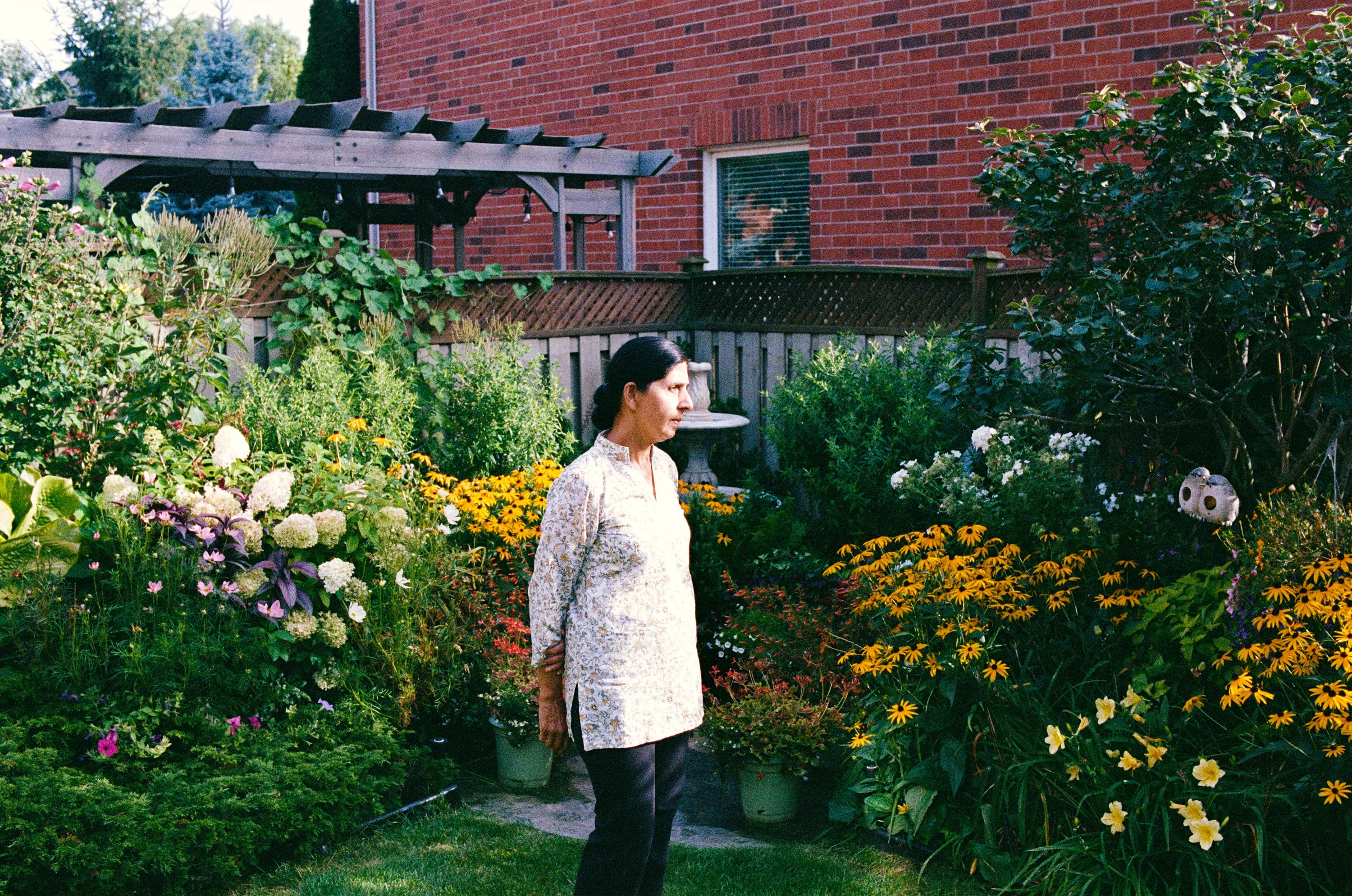 A woman standing in a garden full of hydrangeas and black-eyed Susans