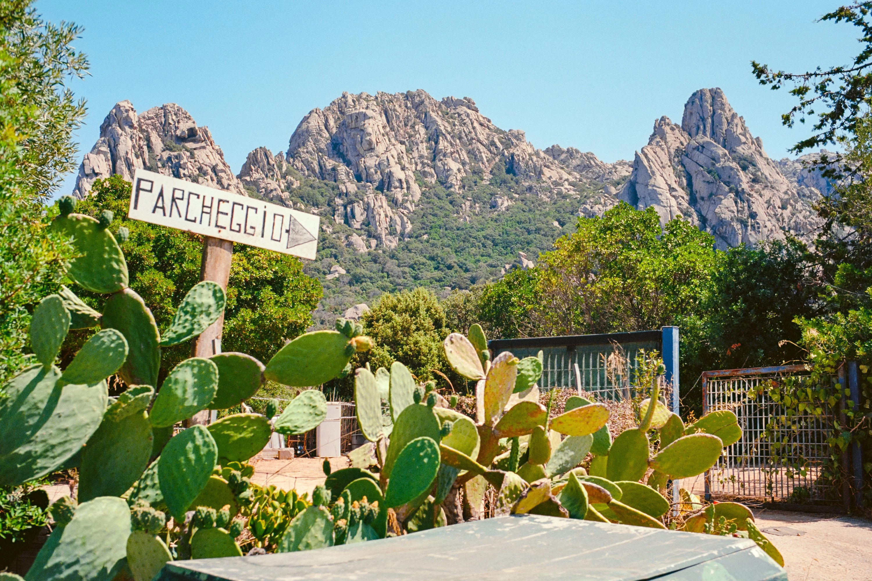 Jagged granite peaks rise over prickly pears and a hand-painted parking sign