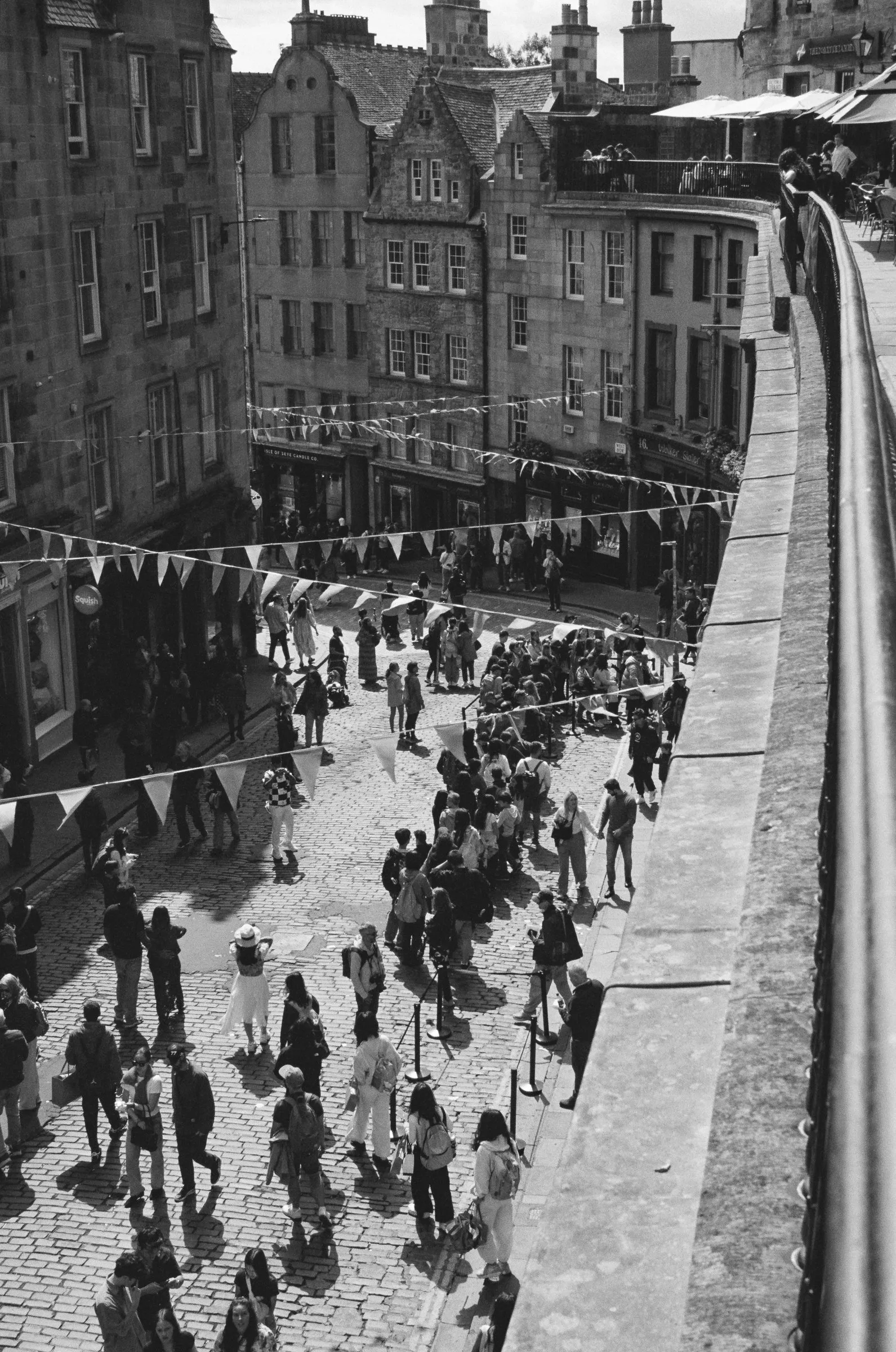 Black and white view down onto the curve of Victoria Street